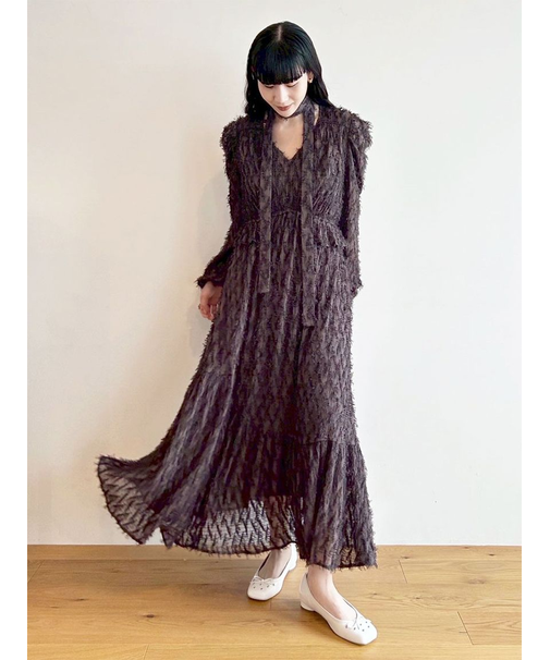 【WEB限定00サイズ】ボウタイ付きフリンジジャガードペプラムワンピース