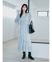 【WEB限定00サイズ】ボウタイ付きフリンジジャガードペプラムワンピース