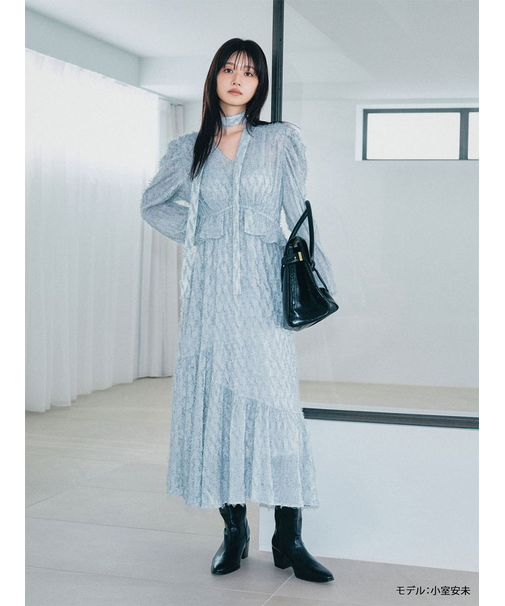 【WEB限定00サイズ】ボウタイ付きフリンジジャガードペプラムワンピース