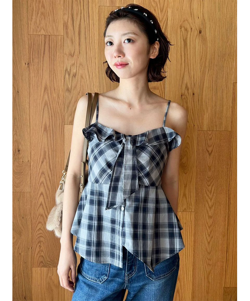 チェックシャツペプラムビスチェ