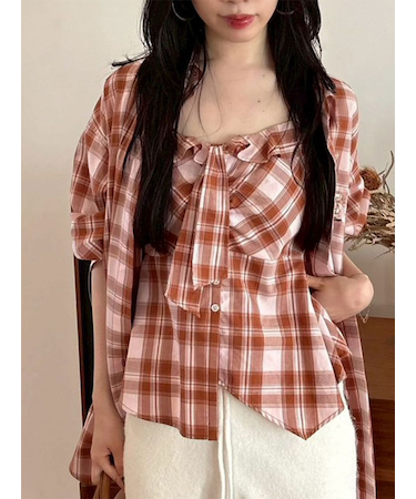 チェックシャツペプラムビスチェ