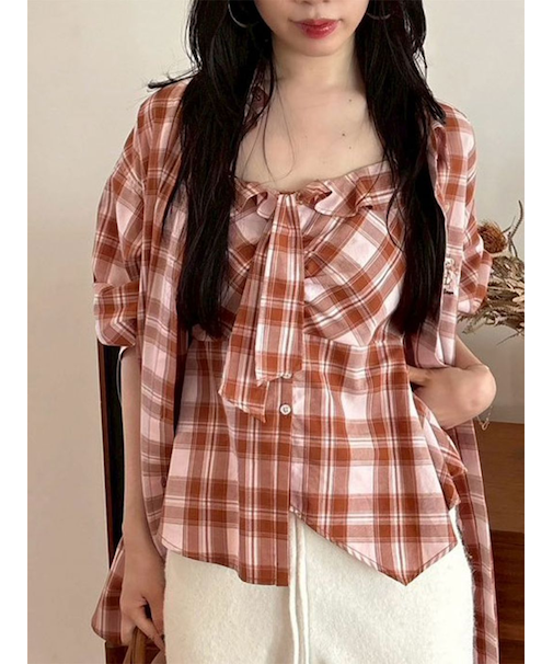 チェックシャツペプラムビスチェ