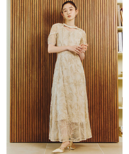 ヴィンテージレーストリムサテンロングドレス｜リリーブラウンの通販