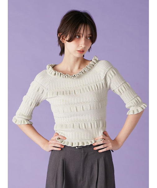 ラメリブオフショルニットトップス