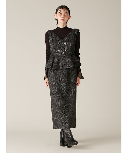 ダブル釦ツイードペプラムワンピース