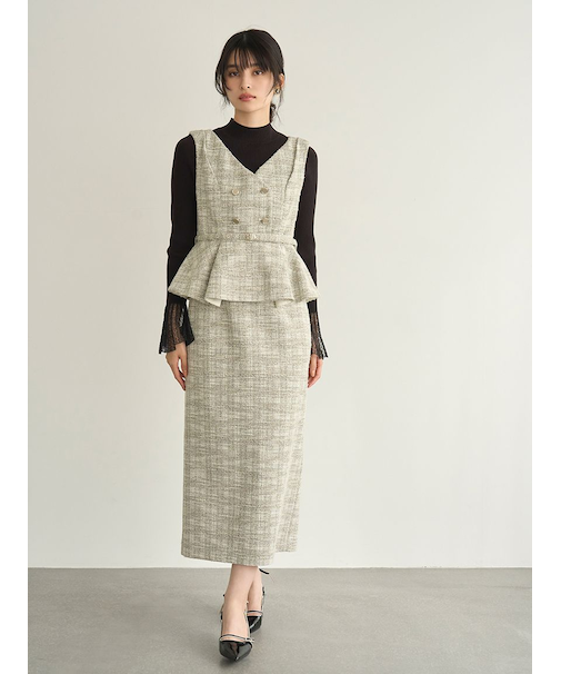 ダブル釦ツイードペプラムワンピース