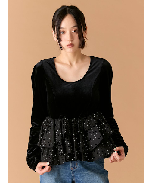 ベロアペプラムフリルトップス