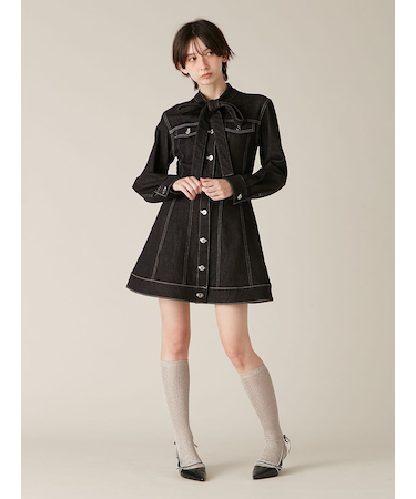 ボウタイデニムミニワンピース