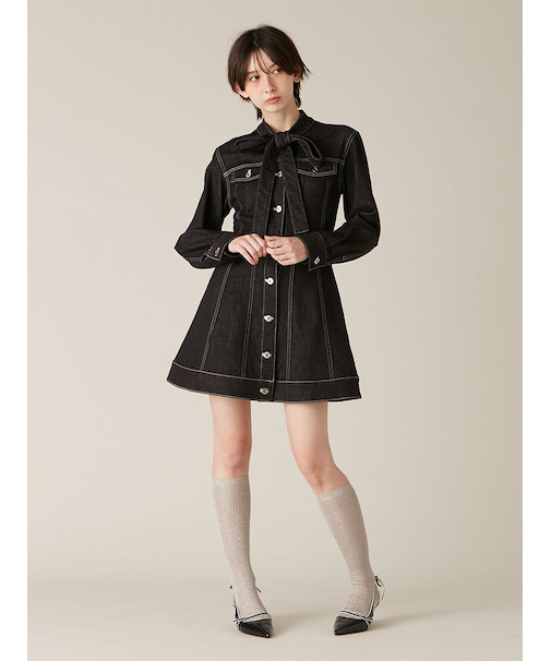 ボウタイデニムミニワンピース