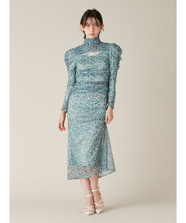 カッティングチュールプリントワンピース