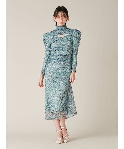 カッティングチュールプリントワンピース