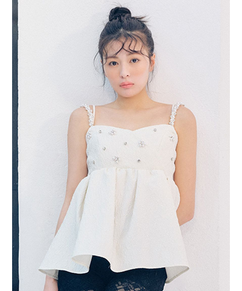 L.B CANDY STOCK]ビッグリボンビジューペプラムトップス｜リリー