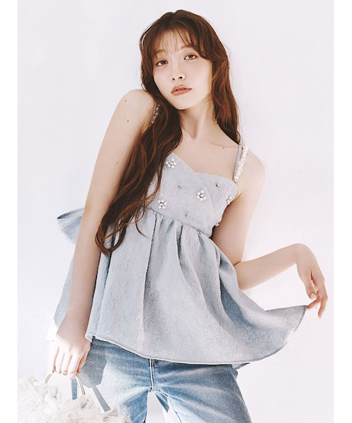 [L.B CANDY STOCK]ビッグリボンビジューペプラムトップス