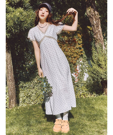 ロマンティックレーストリムプリントワンピース