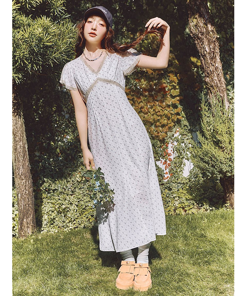 ロマンティックレーストリムプリントワンピース