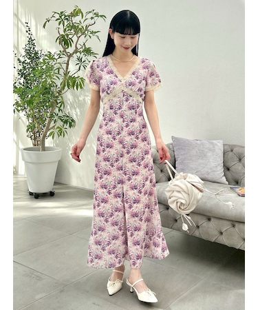 ロマンティックレーストリムプリントワンピース