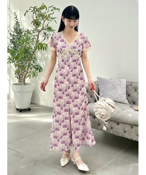 ロマンティックレーストリムプリントワンピース
