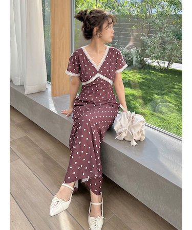 ロマンティックレーストリムプリントワンピース