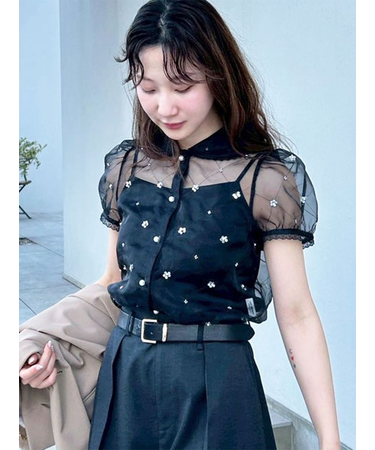 [L.B CANDY STOCK]ラウンドカラービジューブラウス