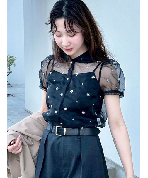 [L.B CANDY STOCK]ラウンドカラービジューブラウス