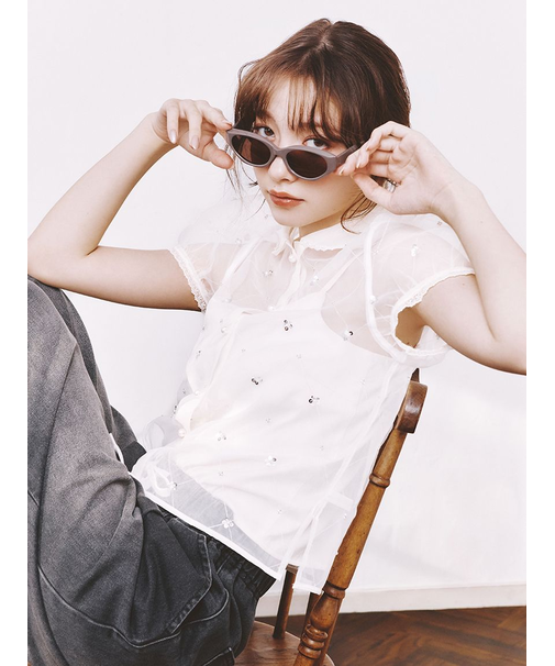 [L.B CANDY STOCK]ラウンドカラービジューブラウス