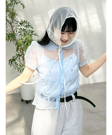 [L.B CANDY STOCK]ラウンドカラービジューブラウス