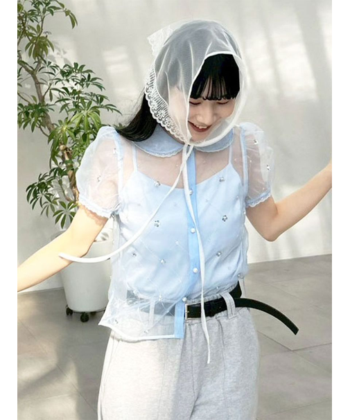 [L.B CANDY STOCK]ラウンドカラービジューブラウス