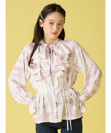 スカーフプリントボウタイブラウス