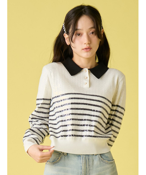 [L.B CANDY STOCK]襟付きスパンコールニットトップス