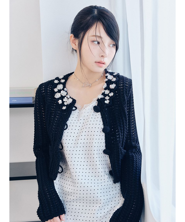 [L.B CANDY STOCK]クロシェ編みビジューニットカーディガン