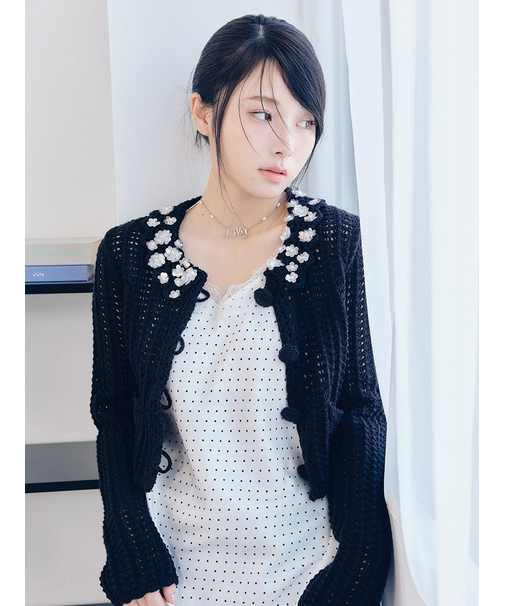 [L.B CANDY STOCK]クロシェ編みビジューニットカーディガン