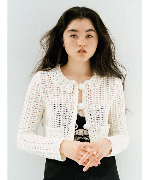 [L.B CANDY STOCK]クロシェ編みビジューニットカーディガン