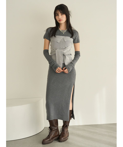 アームウォーマー付きハーフスリーブニットワンピース