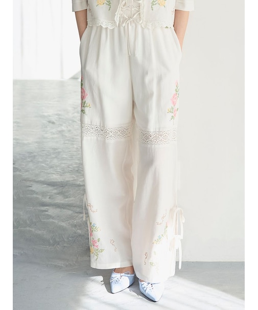 フラワークロスステッチリボンパンツ