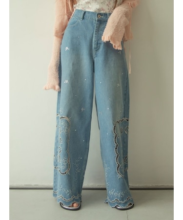 [L.B CANDY STOCK]カットワークビジューデニムパンツ