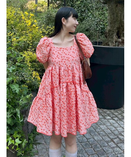 ジャガードボリュームバックリボンミニワンピース
