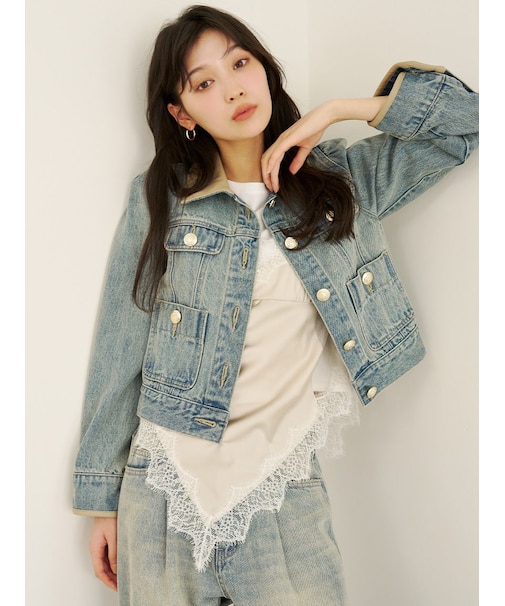 レザートリムクラシックデニムジャケット