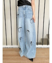 【WEB限定00サイズ】[L.B CANDY STOCK] フラワービジューデニムパンツ