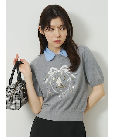 [L.B CANDY STOCK] ビジューエンブロイダリーニットトップ