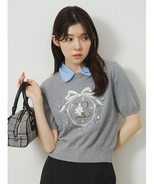 [L.B CANDY STOCK] ビジューエンブロイダリーニットトップ