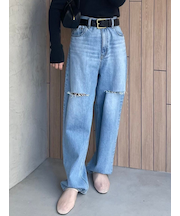 【WEB限定00サイズ】ワイドテーパードカットアウトデニムパンツ