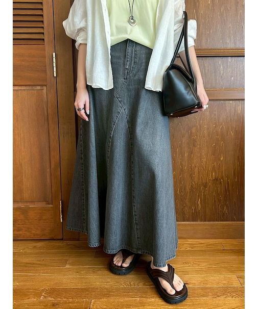 後ろゴムマチデザインフレアデニムスカート【ウォッシャブル】