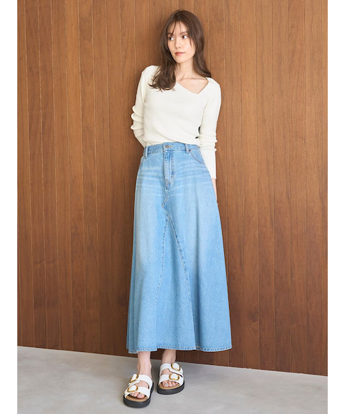 後ろゴムマチデザインフレアデニムスカート【ウォッシャブル】｜ミラ