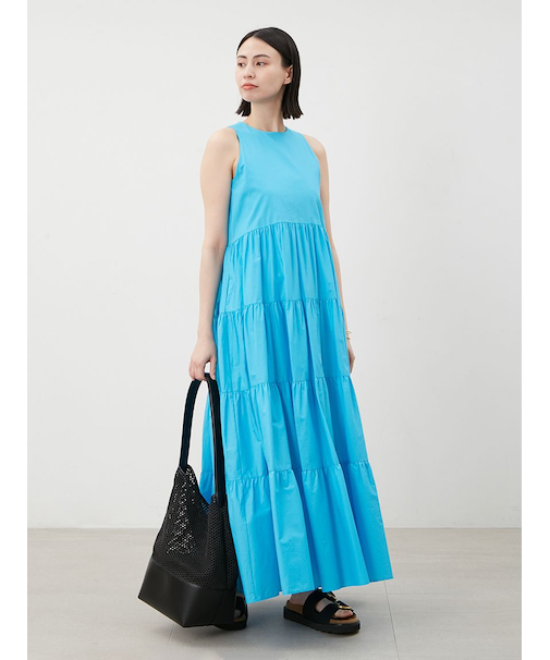 【ウォッシャブル】クルーネックアメスリティアードロングワンピース