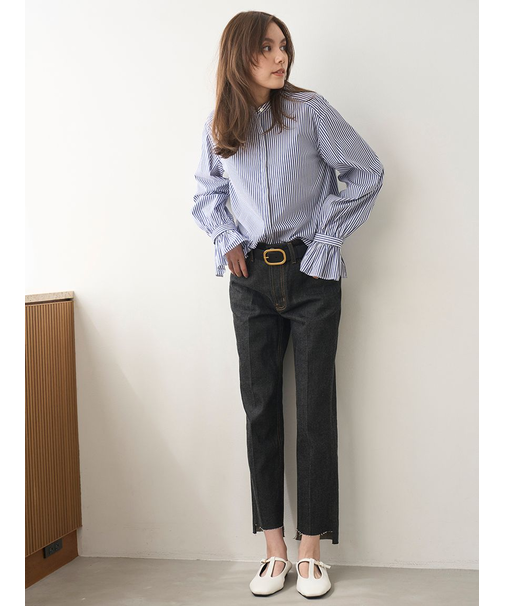 裾段差テーパードデニムパンツ
