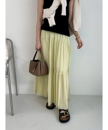 マキシ丈ボリュームティアードスカート