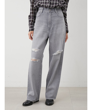 ダメージ加工ルーズストレートデニムパンツ