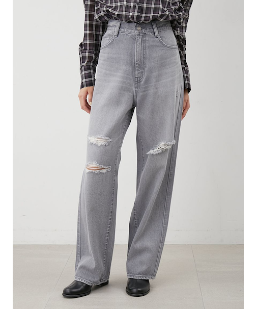 ダメージ加工ルーズストレートデニムパンツ