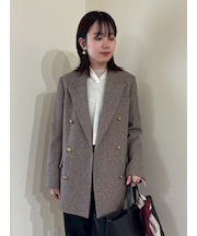 チェック金釦ダブルブレストロングブレザー