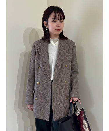 チェック金釦ダブルブレストロングブレザー